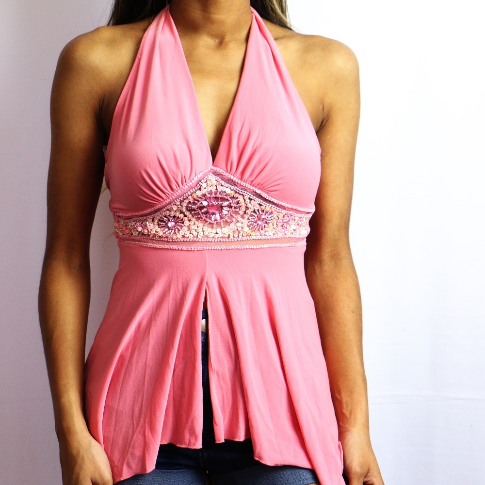 Vintage Pink Halter Top w/Beaded Details